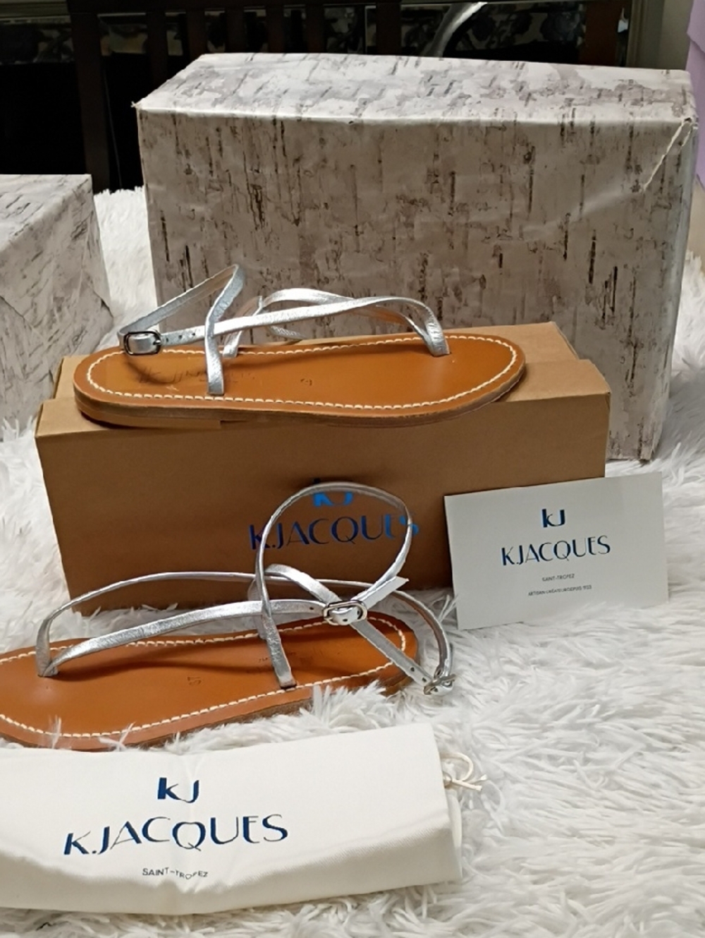 New K.Jacques Silver Leather T-Strap Sandals EU 37